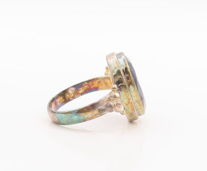 925 Sterling Silver Vintage Ring Beaded Oval Cut Blue Gemstone Sz 7  RG29700