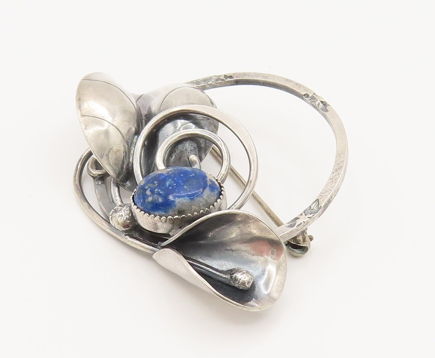 DESIGNER 925 Silver  Vintage Lapis Lazuli Calla Lily Stem Brooch Pin  BP10123