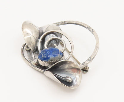 DESIGNER 925 Silver  Vintage Lapis Lazuli Calla Lily Stem Brooch Pin  BP10123