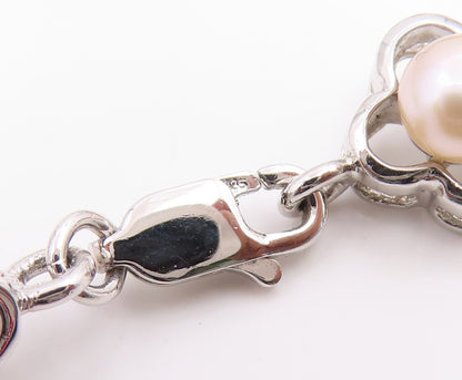 925 Sterling Silver Vintage Necklace Round Pearl Elegant Floral Chain  NE4810