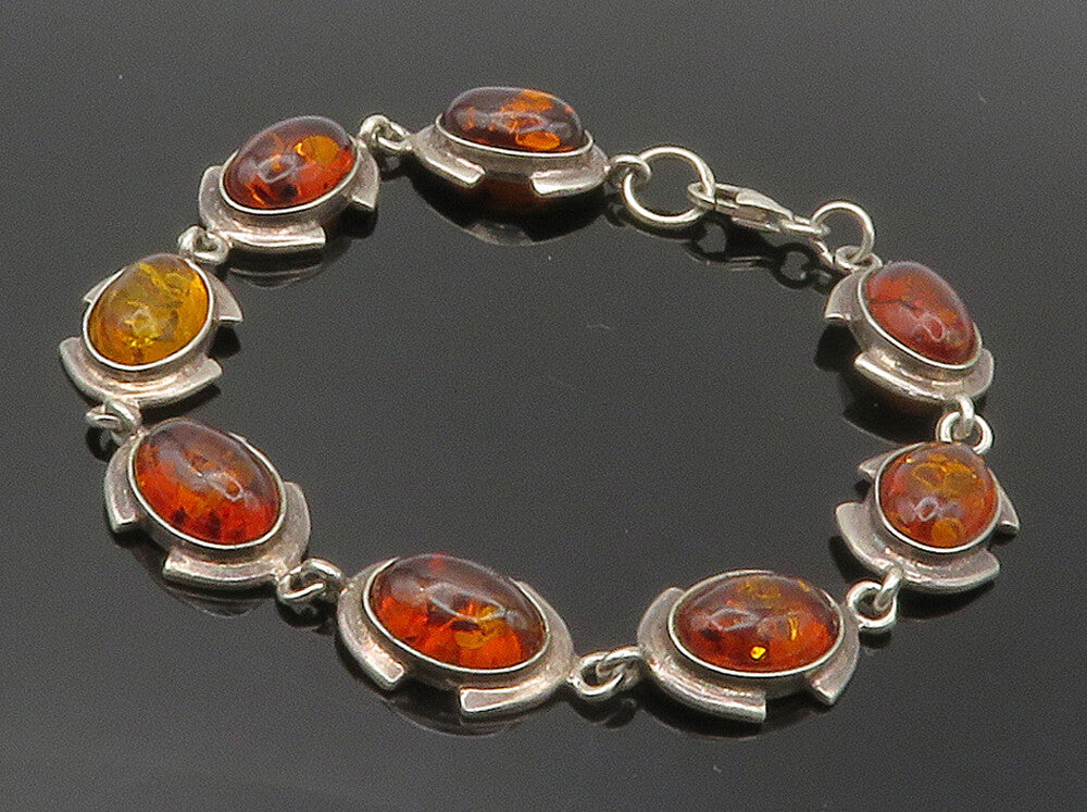 925 Sterling Silver  Vintage Cabochon Cut Amber Oval Chain Bracelet  BT5913