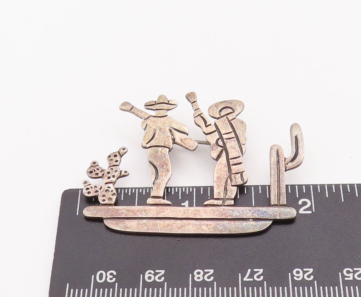 925 Sterling Silver Vintage Brooch Pin MARICELA Cutout 2 Man In Desert  BP11136