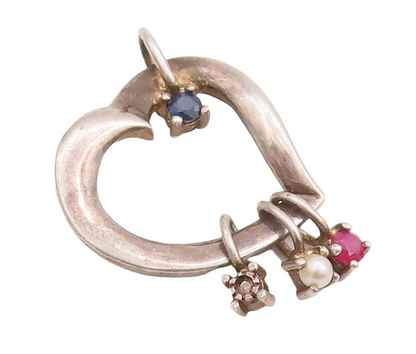 925 Sterling Silver Vintage Pendant LENOX Cutout Heart With Gemstones PT23303