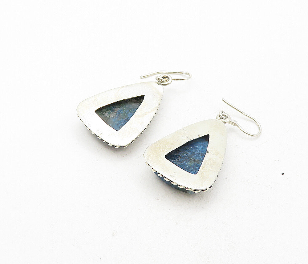 925 Sterling Silver  Vintage Blue Agate Triangle Twist Dangle Earrings  EG3911