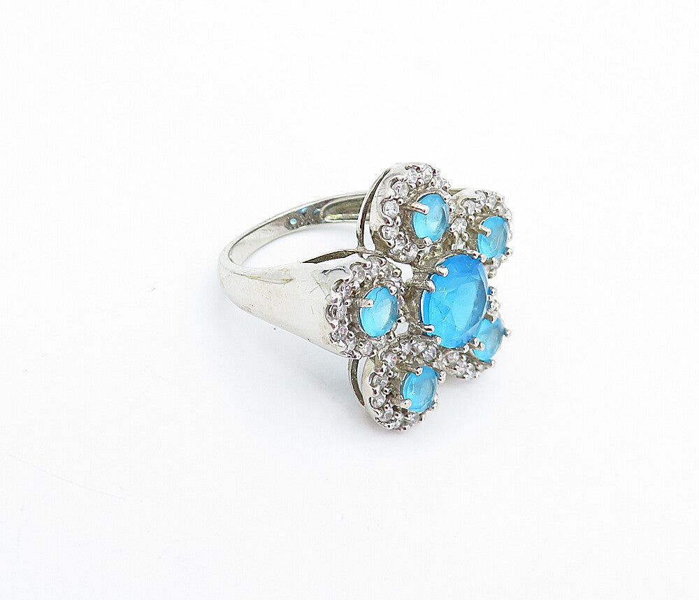 925 Sterling Silver Blue & White Topaz Floral Cocktail Ring Sz 8 RG4113