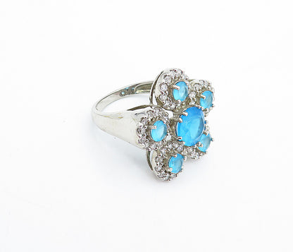 925 Sterling Silver Blue & White Topaz Floral Cocktail Ring Sz 8 RG4113