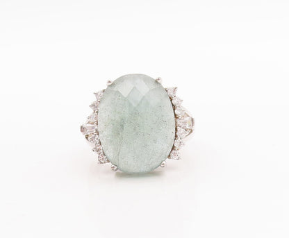 925 Sterling Silver Vintage Ring Large Oval Cut Gemstone & CZ  Sz 7.5  RG29187