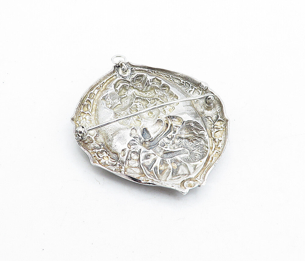 925 Sterling Silver  Vintage Woman Figure Floral Border Brooch Pin  BP1866