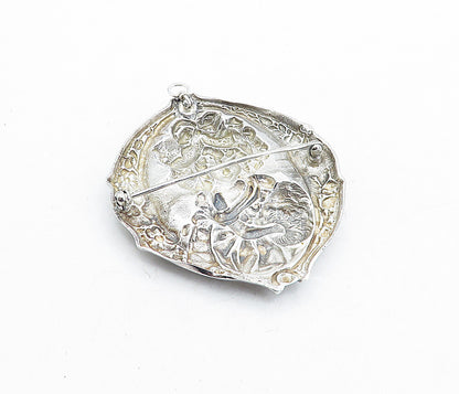 925 Sterling Silver  Vintage Woman Figure Floral Border Brooch Pin  BP1866