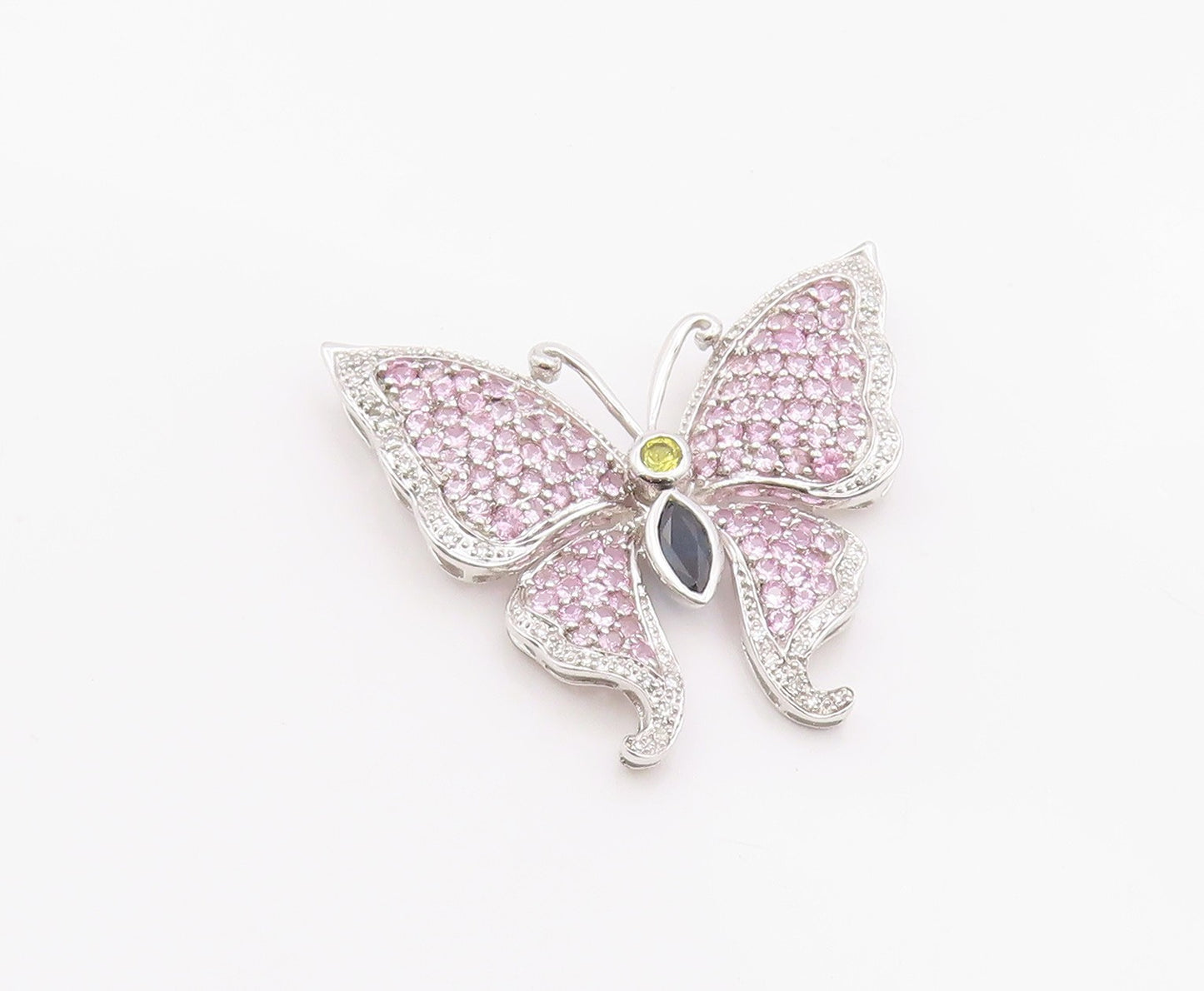 925 Sterling Silver Vintage Pendant Real Diamonds & Gemstone Butterfly  PT26338