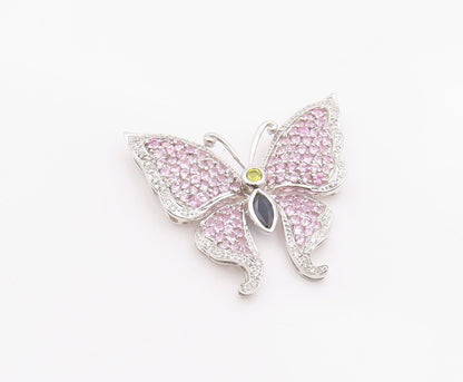 925 Sterling Silver Vintage Pendant Real Diamonds & Gemstone Butterfly  PT26338