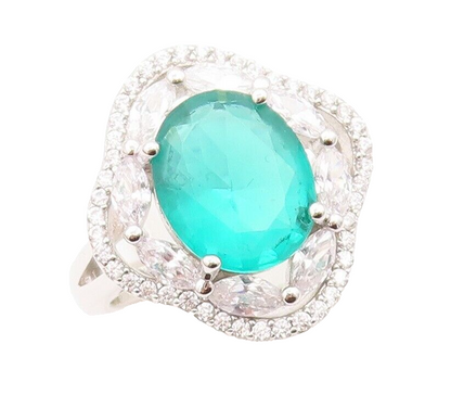 925 Sterling Silver Vintage Ring Oval Cut Sea Green CZ Flower  Sz 7.5  RG30485