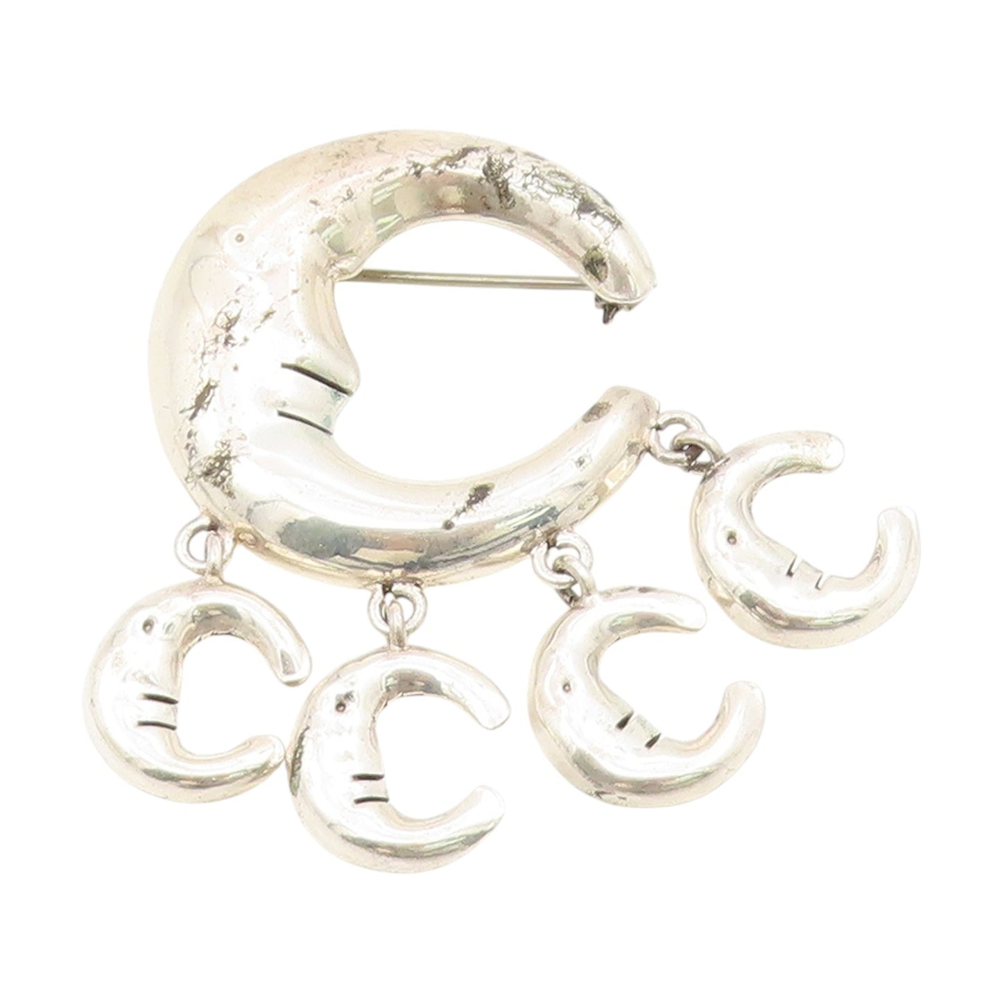 925 Sterling Silver Vintage Brooch MEXICO Celestial Crescent Moon Dangle BP12133