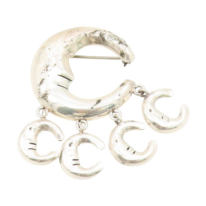 925 Sterling Silver Vintage Brooch MEXICO Celestial Crescent Moon Dangle BP12133