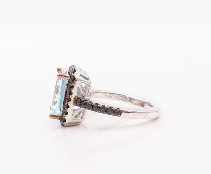 925 Sterling Silver Vintage Ring Rectangle Blue Topaz Halo Spinel  Sz 7 RG30843
