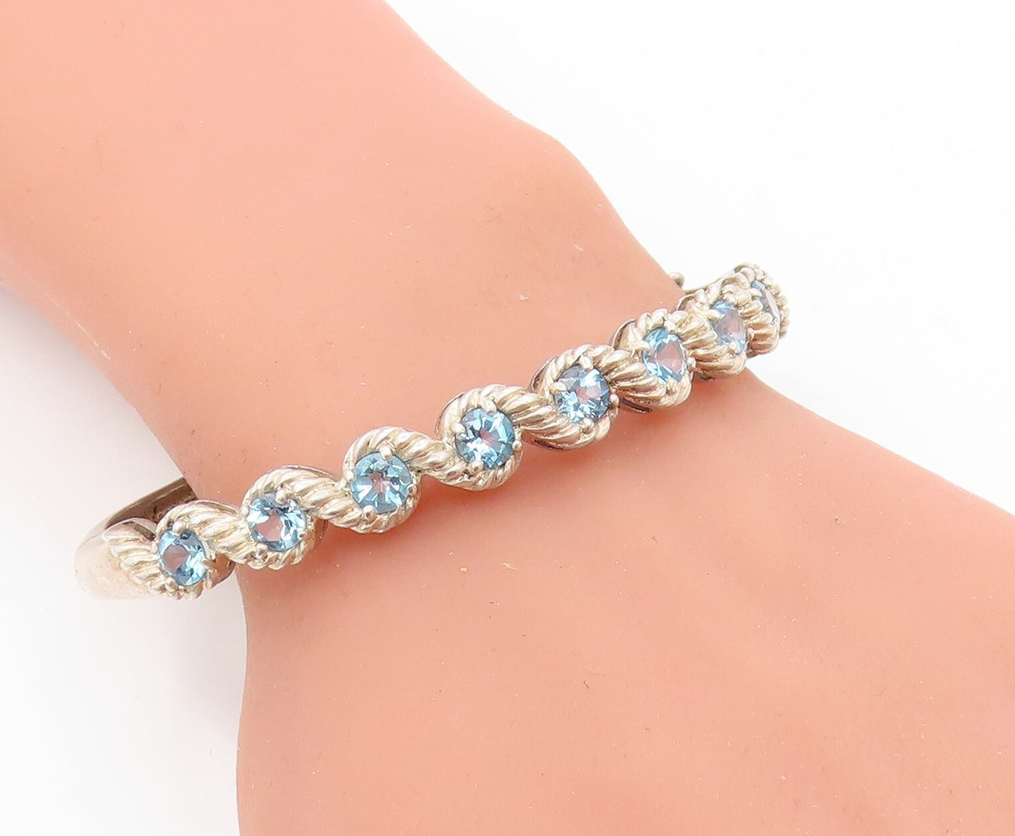 925 Sterling Silver  Vintage Blue Topaz Swirl Twist Bangle Bracelet  BT2881