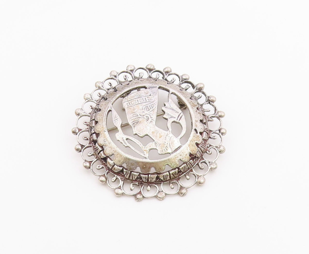 925 Silver  Vintage Beaded Border Openwork Nefertiti Head Brooch Pin  BP9833