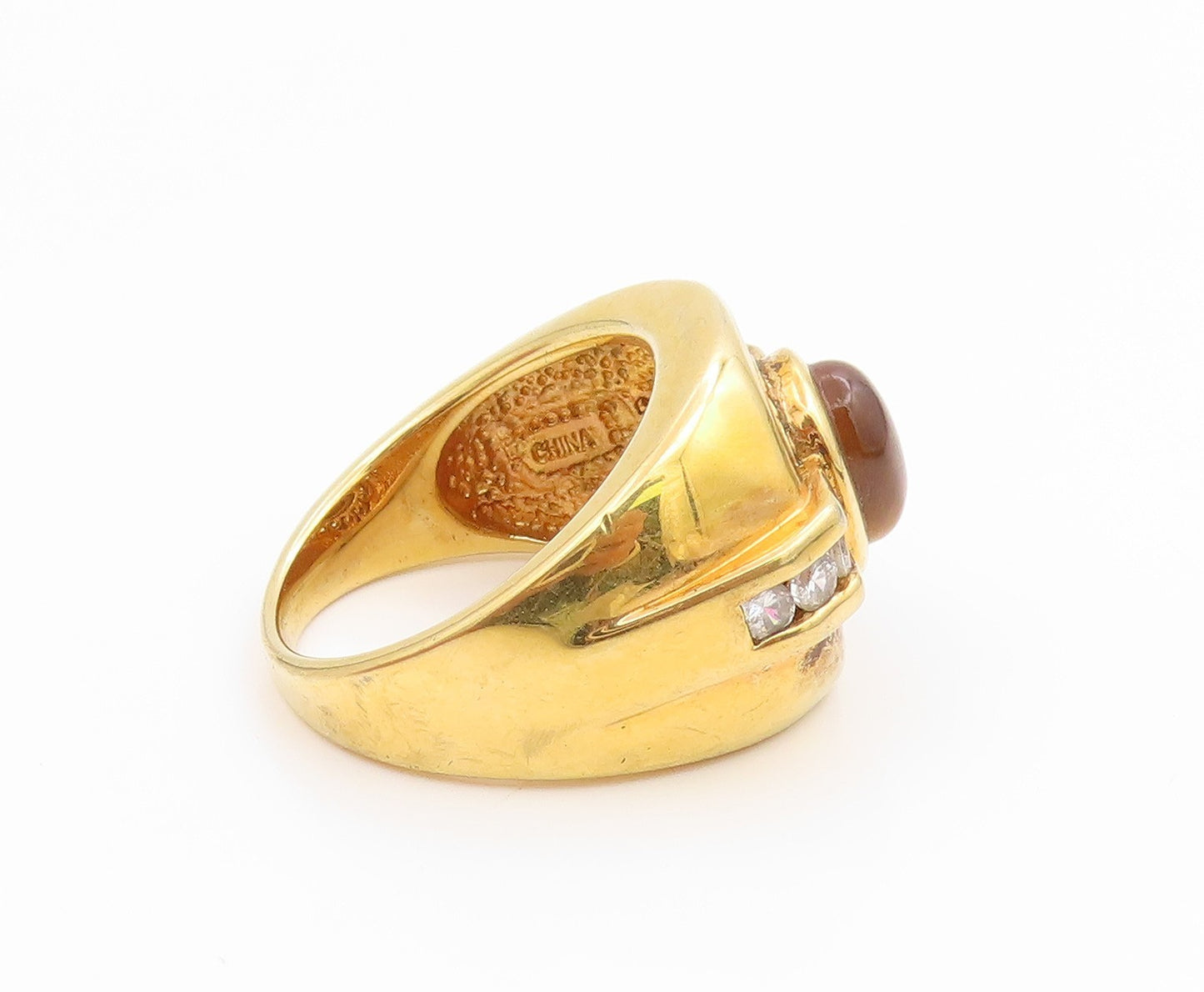 925 Sterling Silver Vintage Ring Gold Plated Tiger's Eye & CZ Band Sz 10 RG36127