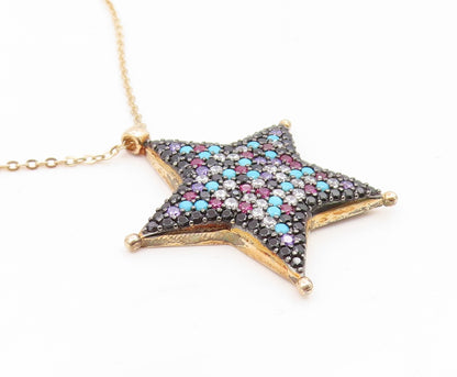 925 Sterling Silver Vintage Necklace Gold Plated Multi Gemstone Star  NE4848