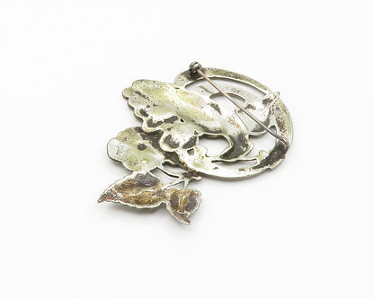 925 Sterling Silver  Vintage Dark Tone Bird Floral Vine Brooch Pin  BP5723