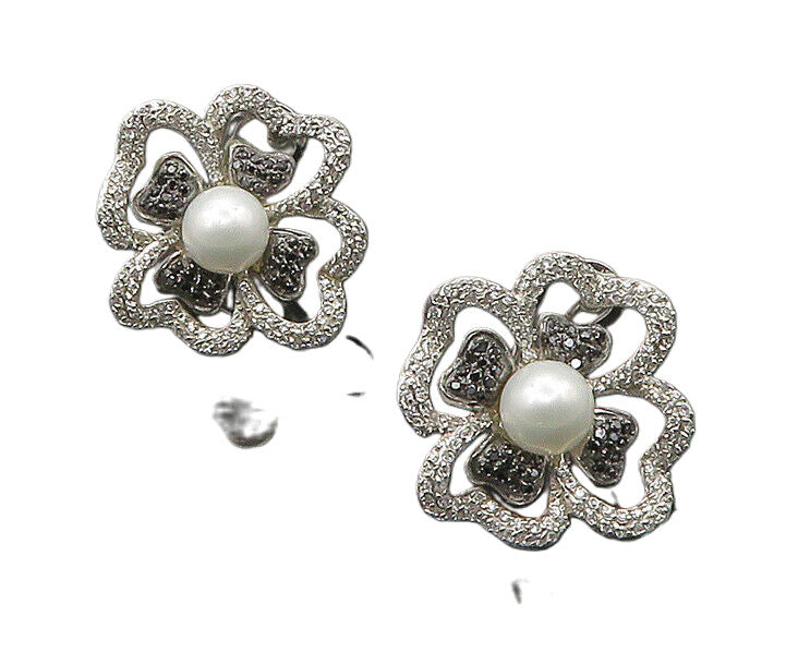 925 Sterling Silver  Pearl Hematite & Topaz Shiny Flower Drop Earrings  EG9180