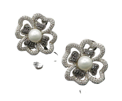925 Sterling Silver  Pearl Hematite & Topaz Shiny Flower Drop Earrings  EG9180