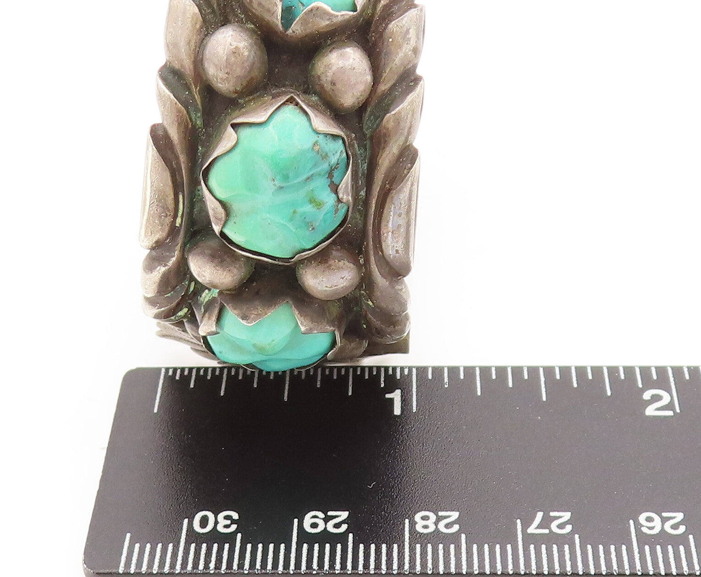 NAVAJO ZUNI 925  Silver  Vintage Antique Turquoise Carved Watch Cuff  TR3674