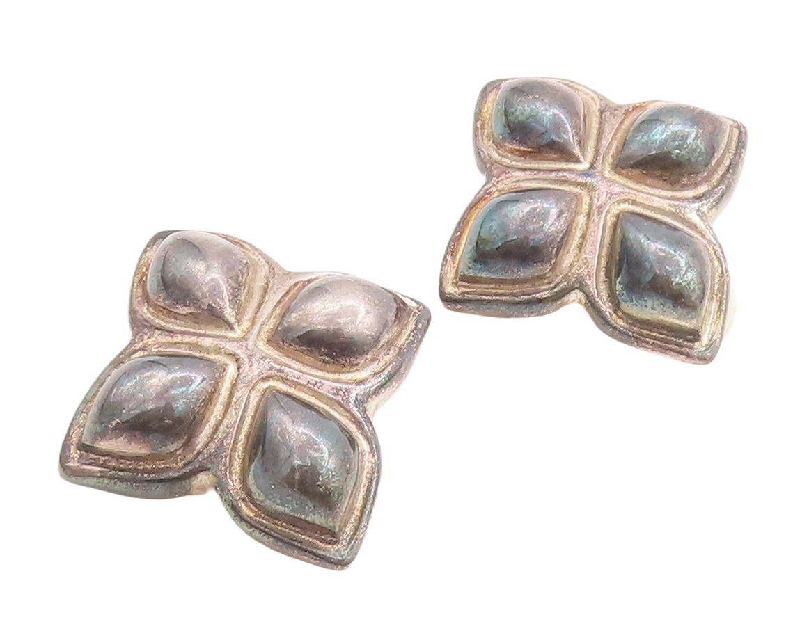 925 Sterling Silver Vintage Earrings PAT AIRESS Puffed 4 Petal Flower  EG13128