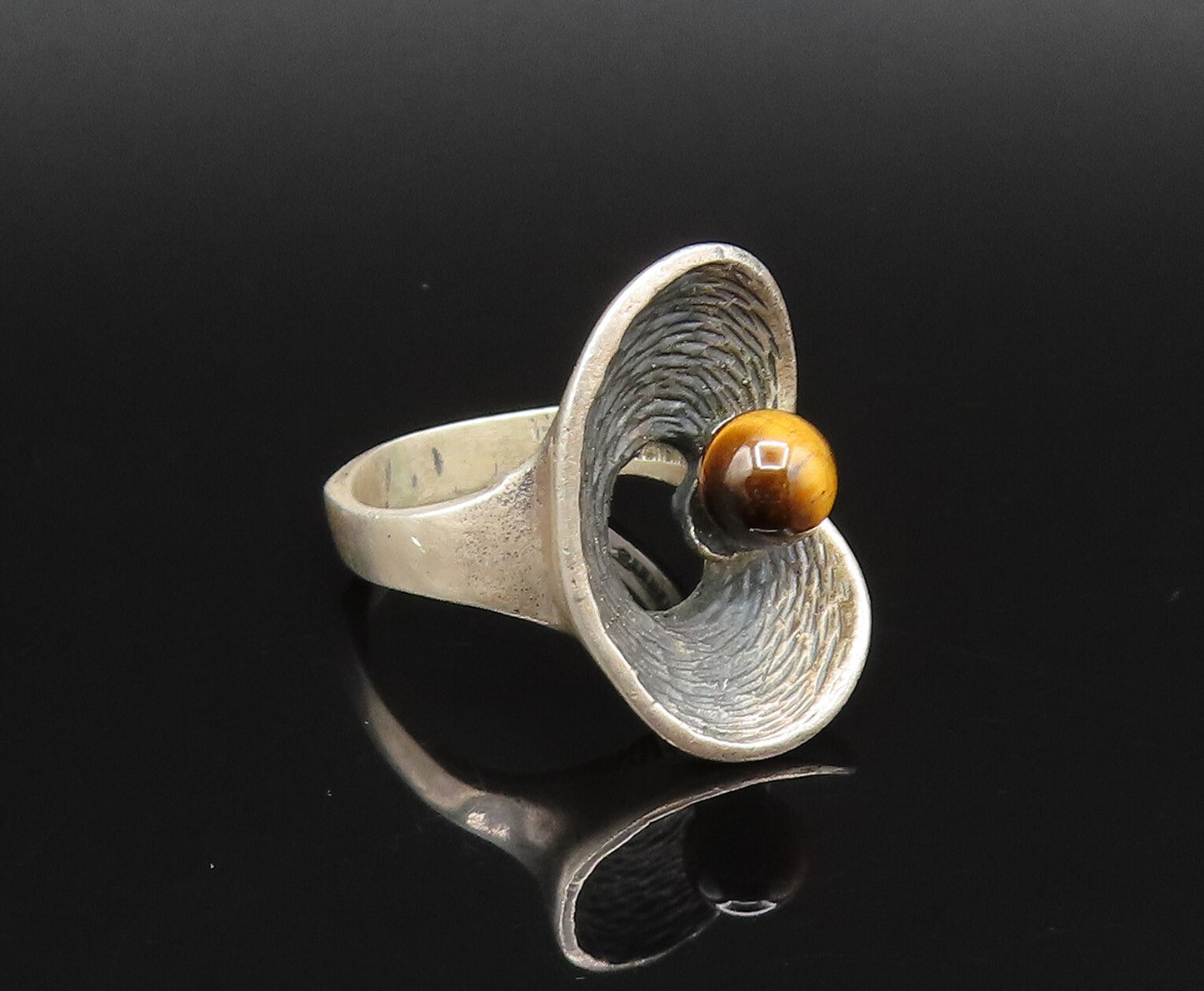 925 Silver  Vintage Textured Open Hole Round Tiger's Eye Ring Sz 5.5  RG25839