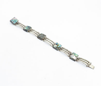 MEXICO 925 Sterling Silver Vintage Abalone Shell Square Chain Bracelet BT2006