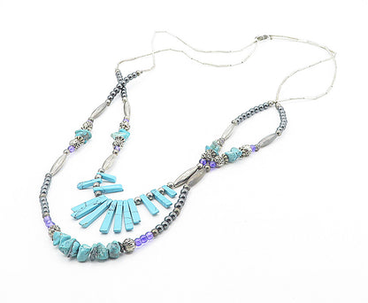 SOUTHWESTERN 925 Silver Vintage Turquoise & Hematite Chain Necklace NE1418