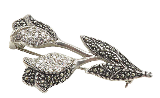 925 Sterling Silver  Vintage Cubic Zirconia & Marcasite Brooch Pin  BP3897
