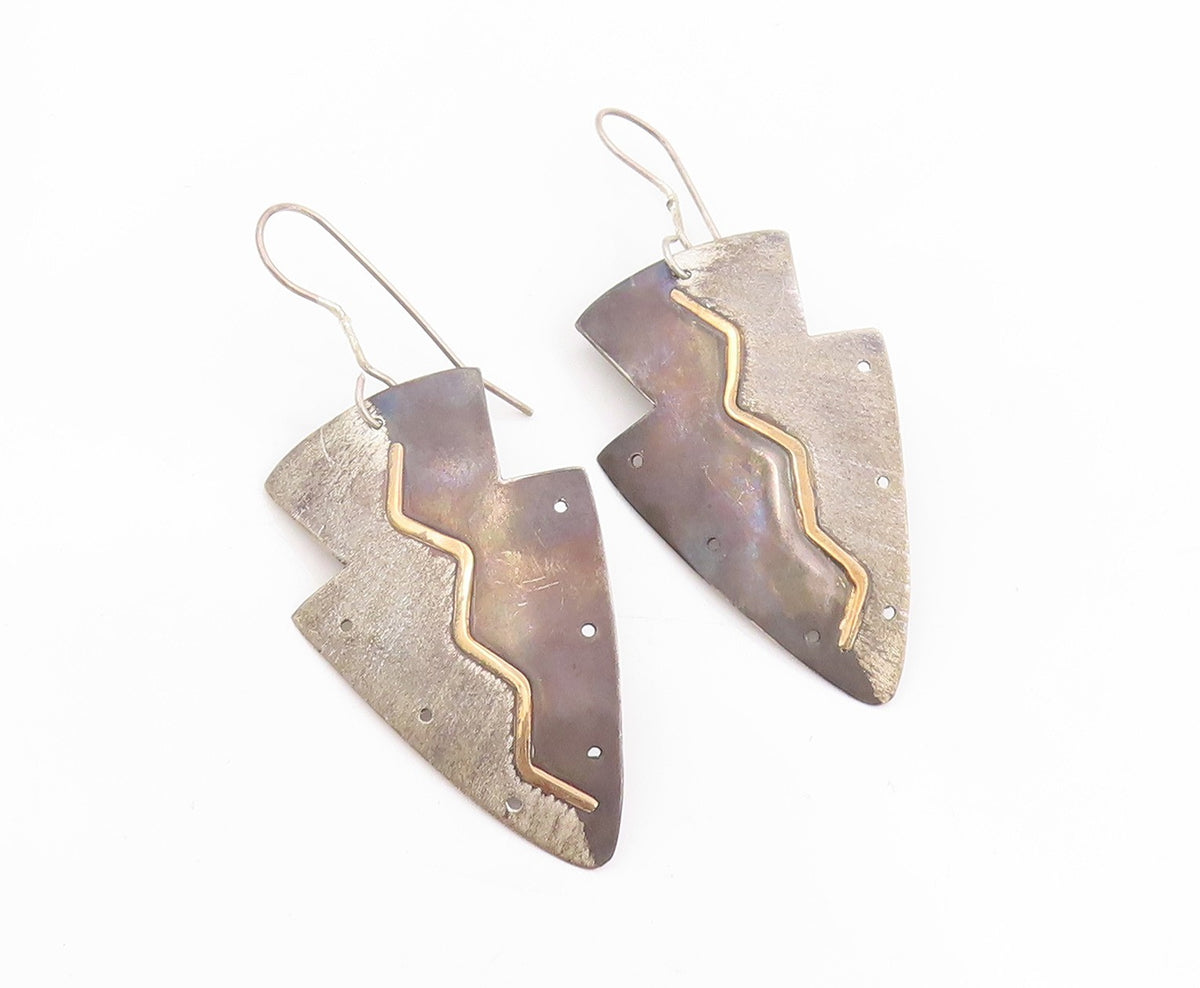 14k Gold & 925 Sterling Silver Vintage Earrings Designer Zigzag Dangle  EG14027
