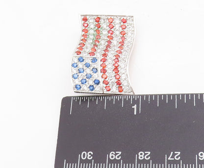 925 Sterling Silver Vintage Brooch Pin 3 Tone CZ Inlay USA Flag  BP11469