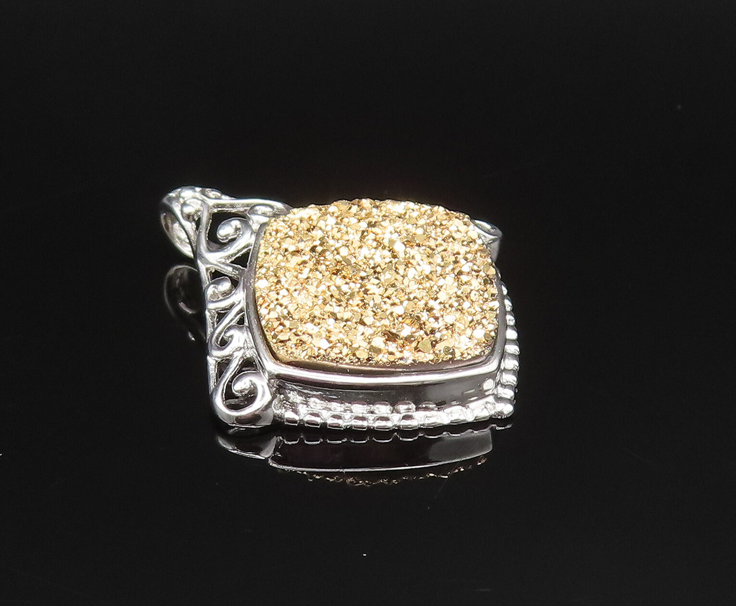 925 Sterling Silver  Vintage Open Scroll Edge Drusy Quartz Pendant  PT20994