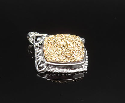 925 Sterling Silver  Vintage Open Scroll Edge Drusy Quartz Pendant  PT20994