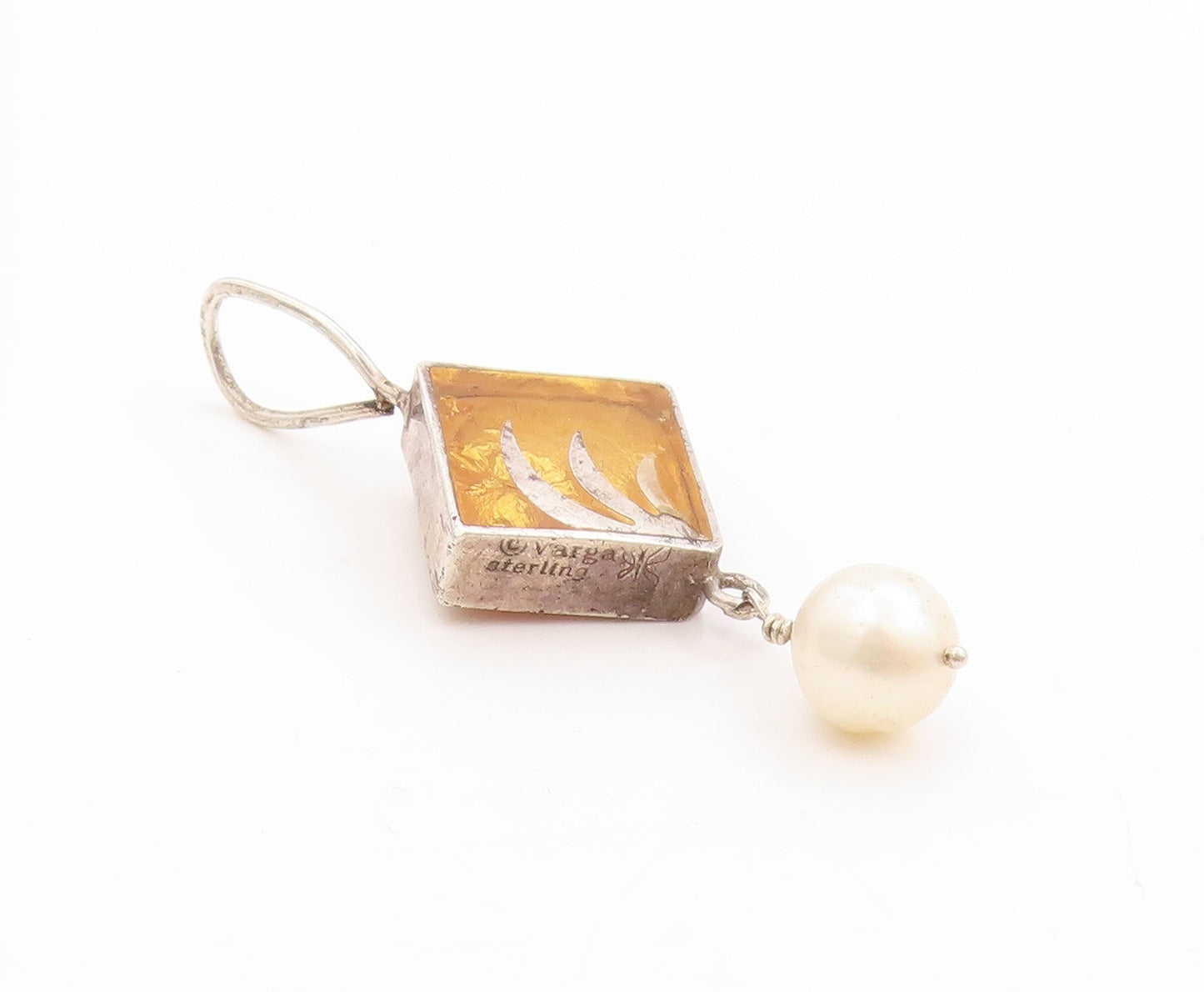 925 Sterling Silver Vintage Pendant VARGA Pearl With Gilded Leaf Charm   PT25002