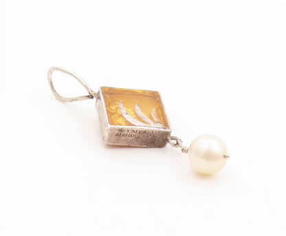 925 Sterling Silver Vintage Pendant VARGA Pearl With Gilded Leaf Charm   PT25002