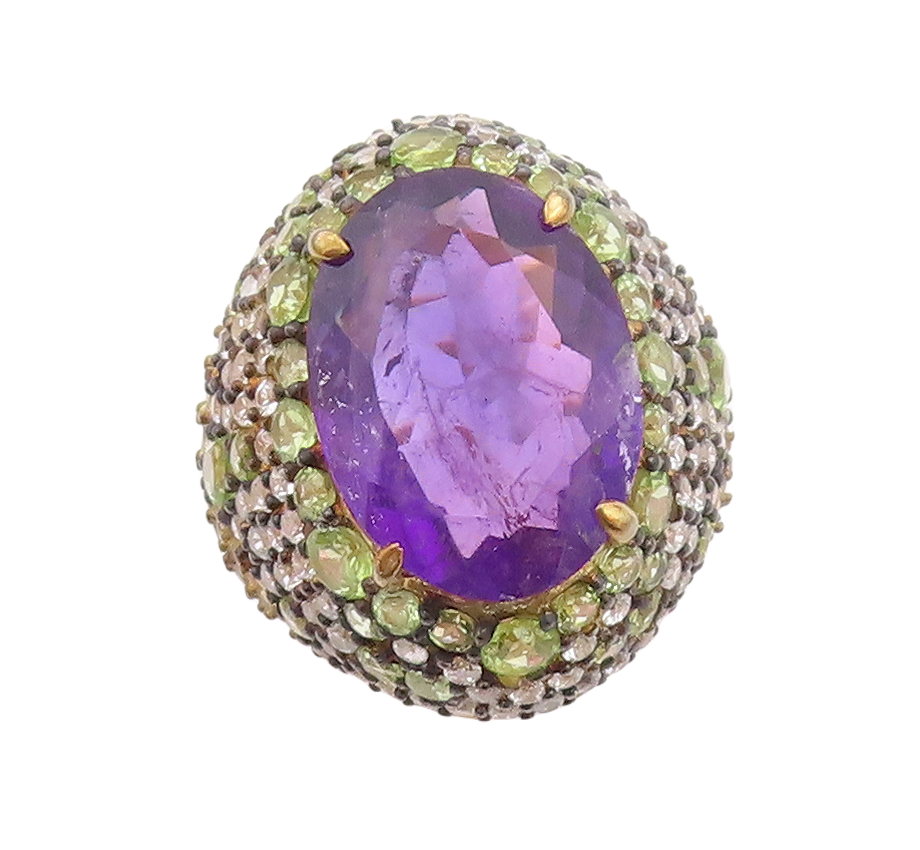 925 Sterling Silver Vintage Ring Gold Plate Amethyst Peridot & CZ  Sz 7  RG30160