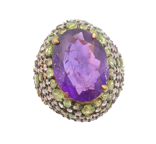 925 Sterling Silver Vintage Ring Gold Plate Amethyst Peridot & CZ  Sz 7  RG30160