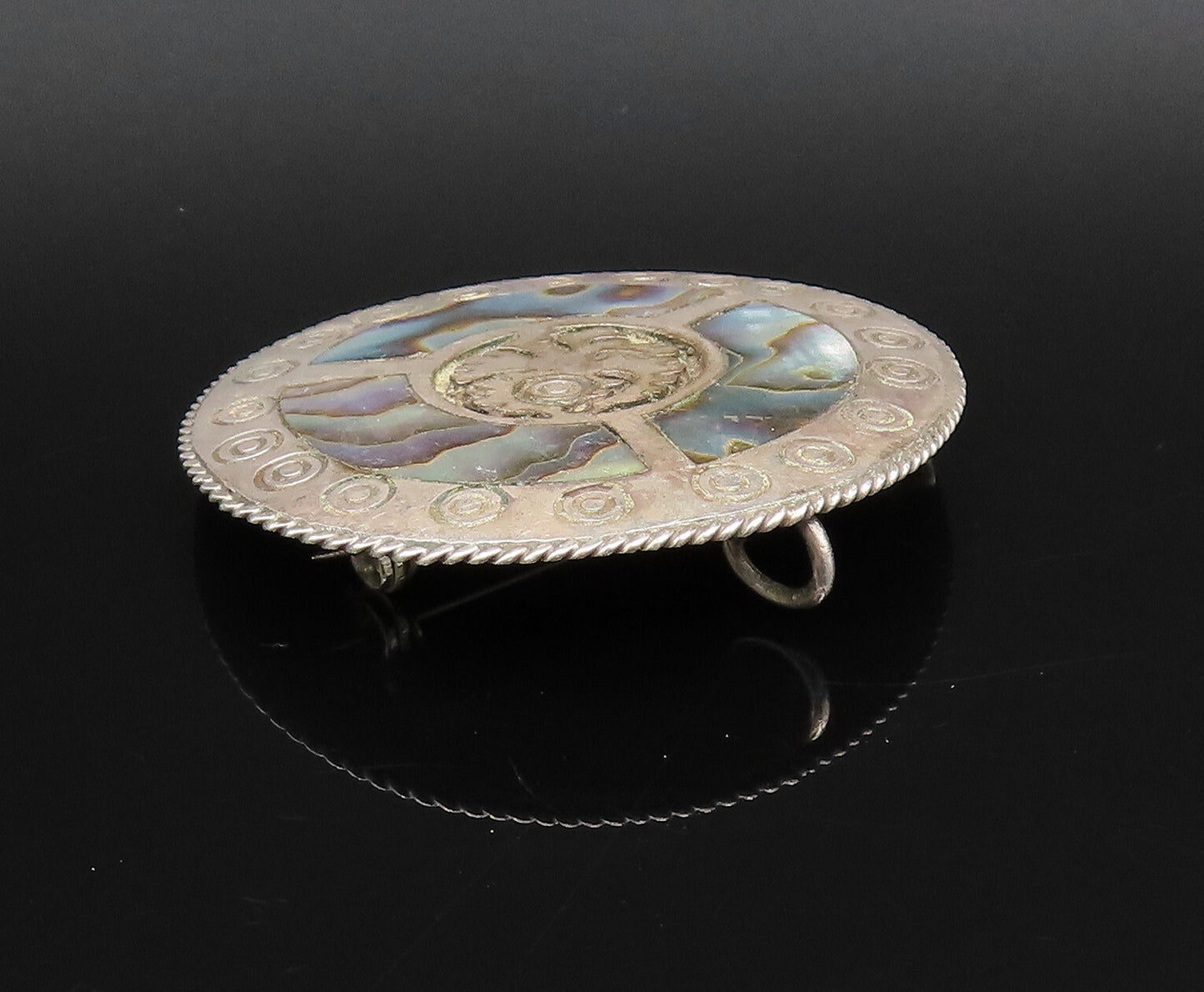 MEXICO 925 Silver  Vintage Rope Border & Circles Abalone Brooch Pin  BP10037