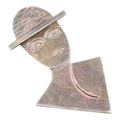 MEXICO 925 Silver  Vintage Engraved Man With Hat Flat Brooch Pin  BP9676
