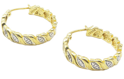 925 Sterling Silver  Genuine Diamonds Gold Plated Shiny Hoop Earrings  EG6219
