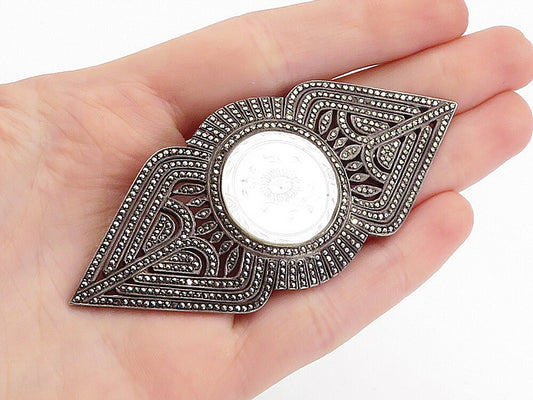 925 Sterling Silver  Vintage Mother Of Pearl & Marcasite Brooch Pin  BP2283