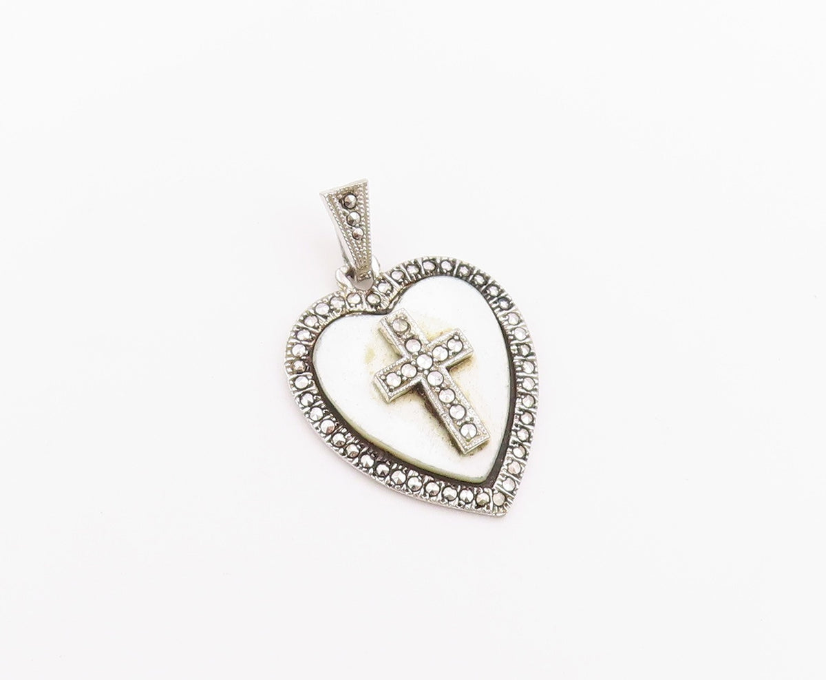 925 Sterling Silver Vintage Pendant Mother Of Pearl Love Heart & Cross  PT26413