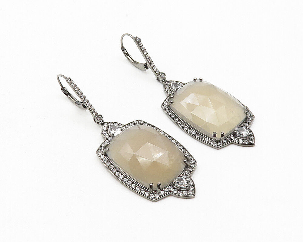 925 Sterling Silver  Faceted Quartz & Topaz Dark Tone Dangle Earrings  EG5628