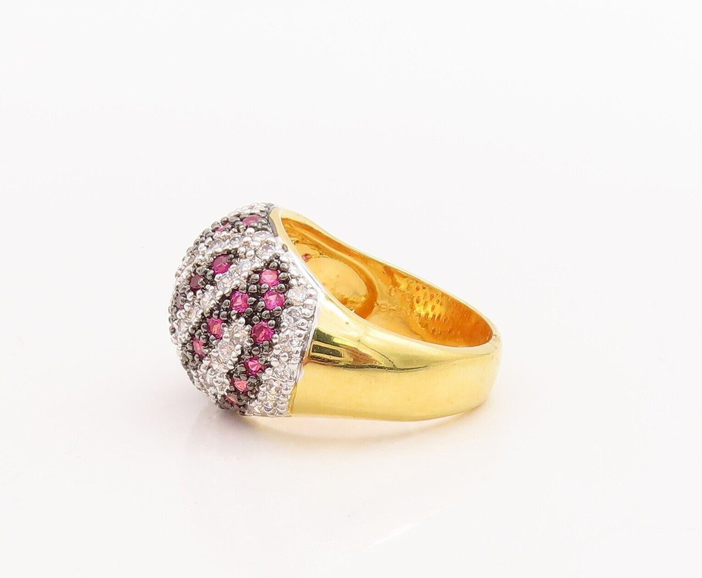925 Sterling Silver Vintage Ring Domed Pink & White CZ Inlay Band  Sz 7  RG28672