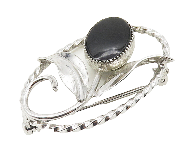 925 Sterling Silver  Vintage Black Onyx Shiny Flower Twist Brooch Pin  BP6571