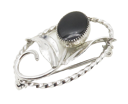 925 Sterling Silver  Vintage Black Onyx Shiny Flower Twist Brooch Pin  BP6571