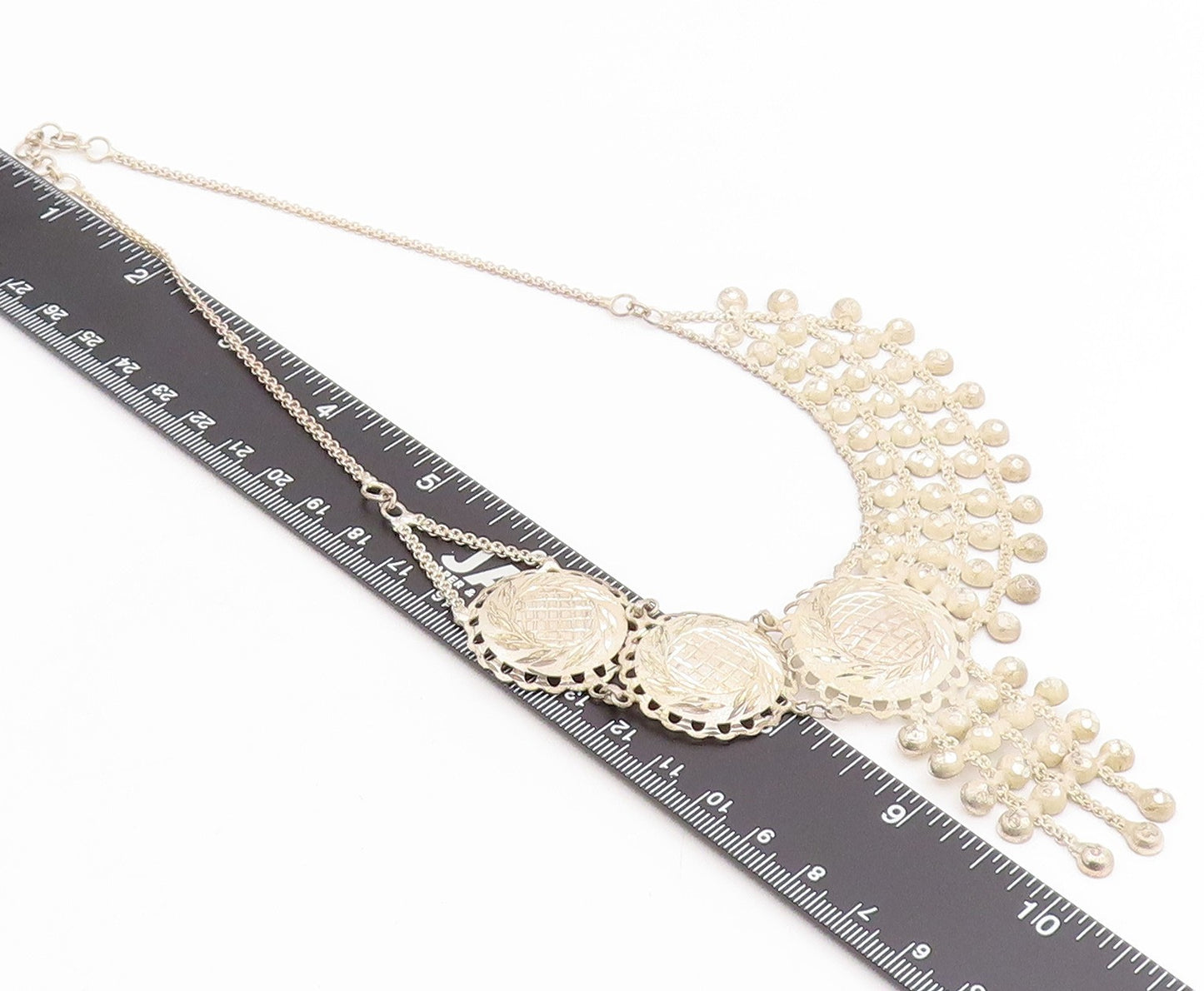 925 Sterling Silver Vintage Necklace Intricate Etched Droplet Choker  NE4738